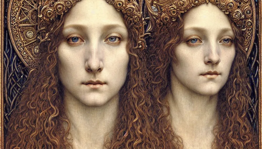 Image similar to detailed realistic beautiful young medieval queen face portrait by jean delville, gustave dore and marco mazzoni, art nouveau, symbolist, visionary, gothic, pre - raphaelite. horizontal symmetry