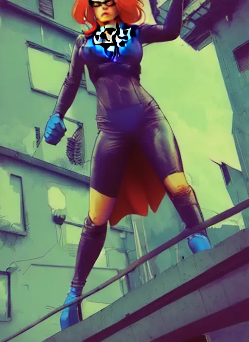 Image similar to superheroine hellcat, blue building in the background, art by ismail inceoglu