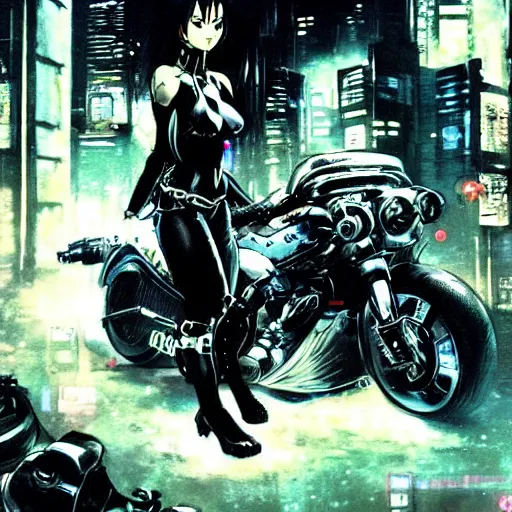 Image similar to attractive cyberpunk female on a motorcycle in a gritty futuristic anime city at night, art by Simon Bisley Frank Frazetta Martin Emond