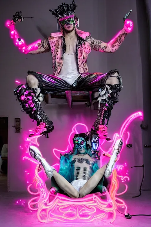 Image similar to full-body rococo and cyberpunk style neon statue of a muscular attractive Tanner Buchanan wearing cholo shades macho dotado e rico android sim roupa reclining con las piernas abertas e la piroca dura, ethereal white dripping tar, glowing orange lasers, pink tigers, glowing eyes, silver prince crown, black gears, pink diamonds, swirling mint-colored silk fabric. futuristic elements. full-length view. human skulls. large intricate artwork by caravaggio. Trending on artstation, octane render, cinematic lighting from the right, hyper realism, octane render, 8k, depth of field, 3D