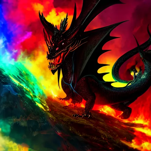 Prompt: Portrait of the black dragon Alduin breathing a rainbow-colored fire. 4k. Concept art. High detail. Unreal engine.