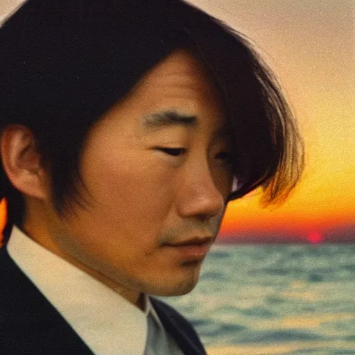 Prompt: japanese man with long hair in a suit standing in the ocean looking at the camera, wide shot, far!!!!!!! away, zoomed out, distance!!!!!!! shot, sunset, centered!!!!!!!!!!, album cover, tatsuro yamashita, 1980, ride on time