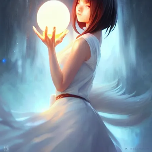 Image similar to a woman in a white dress holding a glowing ball | with nine white fox tails | a detailed painting by ross tran | wlop and stanley artgerm lau!!!!!!!!!!!!!!! | featured on deviantart | fantasy art | anime | 2 d game art | official art