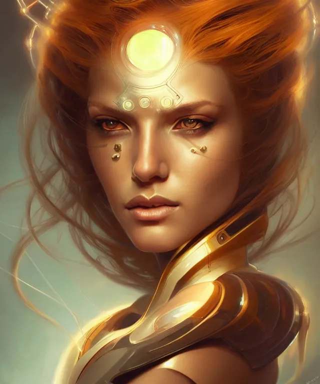 Image similar to futuristic woman portrait, sci-fi, amber eyes, face, long hair, fantasy, intricate, elegant, highly detailed, digital painting, artstation, concept art, smooth, sharp focus, illustration, art by artgerm and greg rutkowski and alphonse mucha