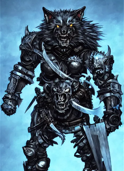 Prompt: Full body portrait of a scary gnoll wolf man. Armour made of human skulls. Giant War Scythe. Glowing blue eyes In style of Yoji Shinkawa and Hyung-tae Kim, trending on ArtStation, dark fantasy, great composition, concept art, highly detailed.