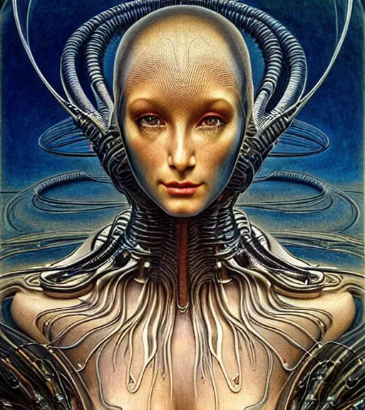 Image similar to detailed realistic beautiful young cher alien robot as queen of mars face portrait by jean delville, gustave dore and marco mazzoni, art nouveau, symbolist, visionary, gothic, baroque. horizontal symmetry by zdzisław beksinski, iris van herpen, raymond swanland and alphonse mucha. highly detailed, hyper - real, beautiful