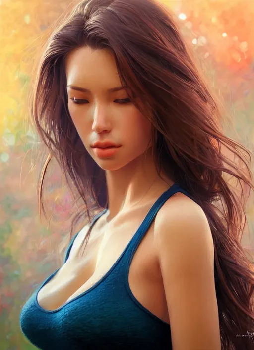 Image similar to photo of a gorgeous female in the style of stefan kostic, realistic, half body shot, sharp focus, 8 k high definition, insanely detailed, intricate, elegant, art by stanley lau and artgerm, bokeh foliage