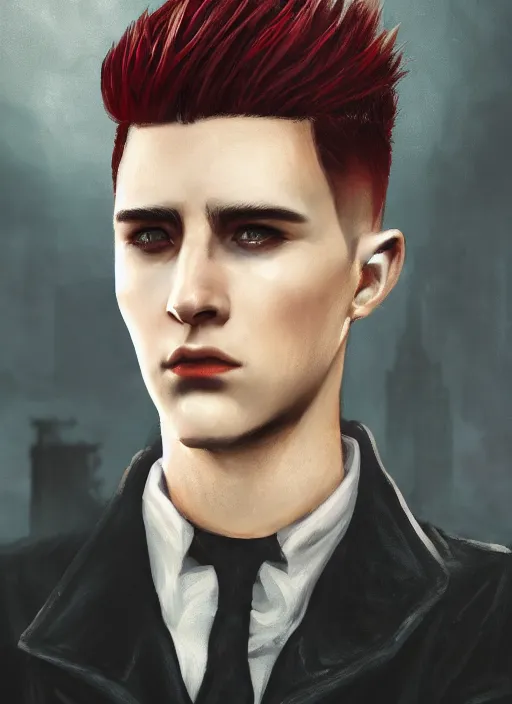 Image similar to An epic fantasy comic book style portrait painting of a young man with black undercut haircut, wearing black overcoat, red clothes, blue jeans. Unreal 5, DAZ, hyperrealistic, octane render, cosplay, RPG portrait, dynamic lighting