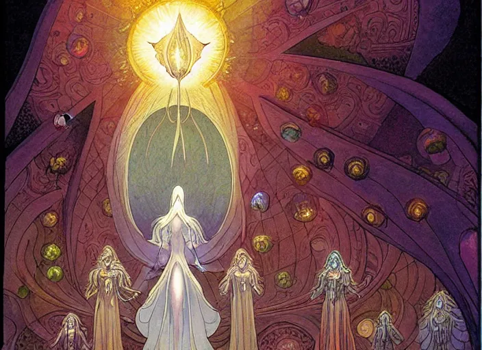 Prompt: a symmetrical!!! delicate mtg illustration by charles vess of a host of radiant tiny seraphim emerging from the huge glowing doorway of a massive vulva - shaped temple made of smooth organic architecture and floating in the astral plane and constructed of house - sized crystals and a bulb of the vestibule made of iridescent pearl