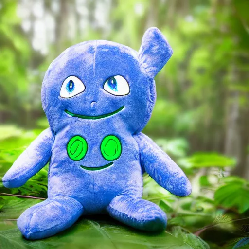 Image similar to blue'snappy gifts'logo plush doll with smiley face in magical forest, gifts, dark atmosphere, high detail, soft lighting, 8 k