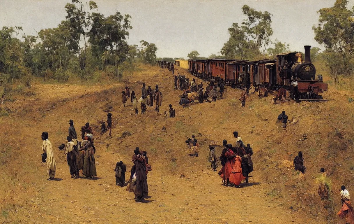 Prompt: a single railroad train travelling in rural nigeria, 1885, highly detailed oil on canvas, by Ilya Repin