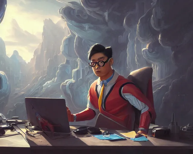 Image similar to an insanely detailed painting of a nerdy asian man wearing a superhero costume, sitting at a desk, staring at the nervously at the computer and typing, in the style of peter mohrbacher, dramatic lighting and composition, octane render, pixar, trending on artstation, concept art, comic book, view from behind