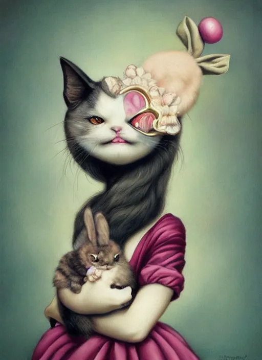 Image similar to pop surrealism, lowbrow art, realistic cute cat girl painting, holding a bunny, hyper realism, muted colours, rococo, natalie shau, loreta lux, tom bagshaw, mark ryden, trevor brown style,