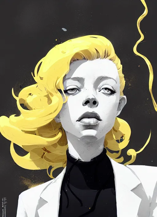 Image similar to highly detailed closeup portrait of beautiful portia doubleday, blonde wavy hair, angela moss, white suit by atey ghailan, by greg rutkowski, by greg tocchini, by james gilleard, by joe fenton, by kaethe butcher, gradient yellow, black and white color scheme, grunge aesthetic!!! ( ( graffiti tag wall background ) )