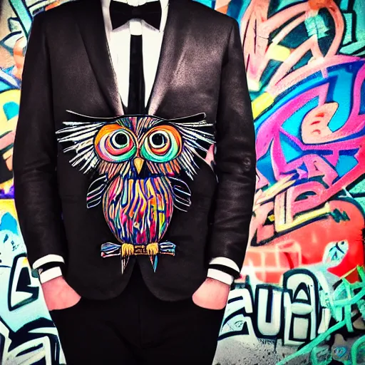 Prompt: gentleman owl with black biker jacket, portrait photo, crayon outline, wall with colorful graffiti, studio photo, suit, bow tie, tophat