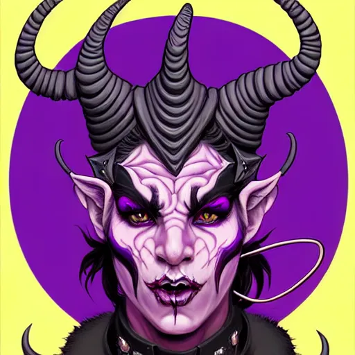 Image similar to portrait painting of a punk tiefling bard with ram horns and purple skin, sharp focus, award - winning, trending on artstation, masterpiece, highly detailed, intricate. art by josan gonzales and moebius and deathburger