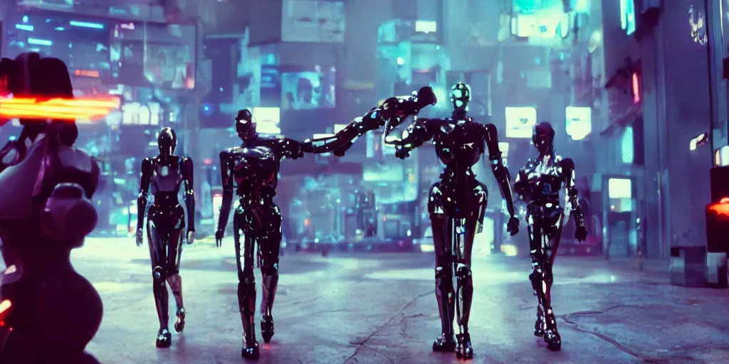 Prompt: Cyberpunk android chrome Robot fight movie escene, shot on imax, cinematic scene, CineStill 800T Film,