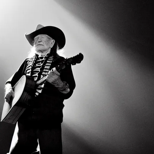 Image similar to willie nelson on stage, holding guitar. four fingers. god rays through fog.