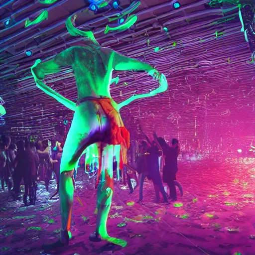 Prompt: 3 d render of a psychopath at a rave, digital art, bizarre, insane, hyper detailed, synthwave