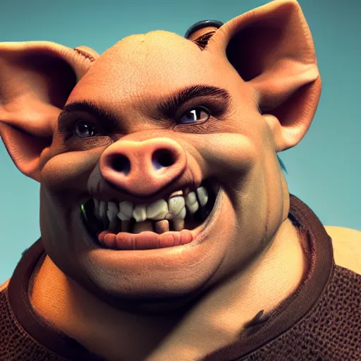 Image similar to An orc-pig smiling into the camera, portrait, artstation, realistic, highly detailed, bokeh, by Alex Flores