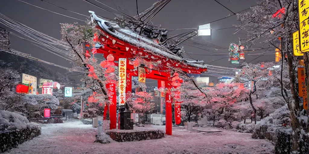 Image similar to a Japanese cyberpunk shrine, snowing, photograph,, sharp focus, intricate detail, drone shot, high resolution, 8k, neon streetlights, wires hanging down everywhere, Japan, colourful,,