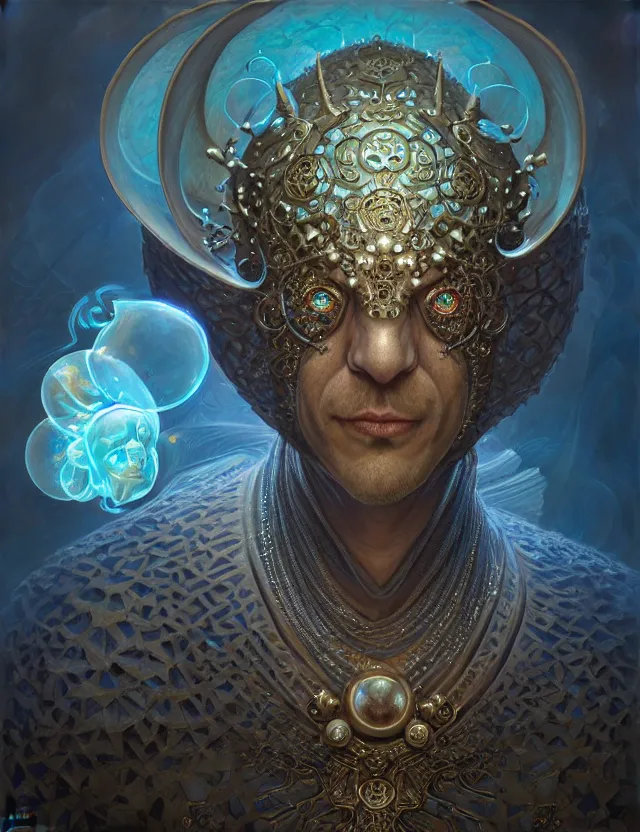 Image similar to front shot of a court jester character, hyperdimensional, bioluminescent hypercubes, ((intricate)), elegant, highly detailed, centered, (((artstation, concept art, smooth, sharp focus, artgerm, Tomasz Alen Kopera, Peter Mohrbacher, donato giancola, Joseph Christian Leyendecker, WLOP, Boris Vallejo))), mugshot!!!!!, ugly!!!!!!, octane render, nvidia raytracing demo, grainy, muted, 8K, digitalblasphemy