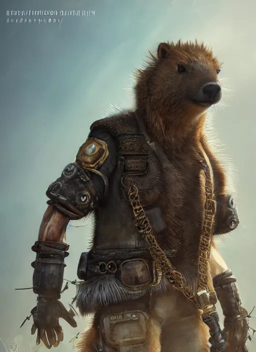 Image similar to detailed full body concept art illustration oil painting of an anthropomorphic capybara mad max in full intricate clothing, biomutant, dystopian, ultra detailed, digital art, octane render