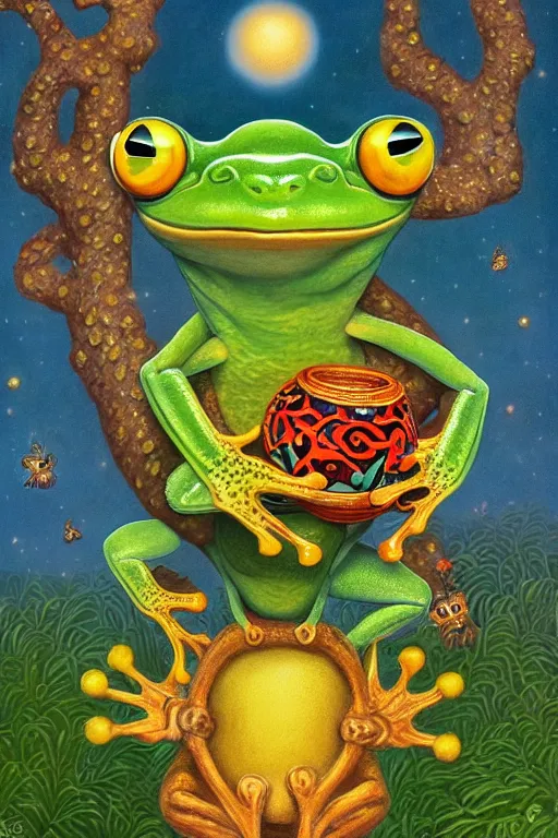 Prompt: a giant amazonian fairy tale tree frog with a ceramic pot on his head like a crown walking upright on a yellow sky background, lowbrow, minimalistic, louis wain, magical realism, kevin sloan,