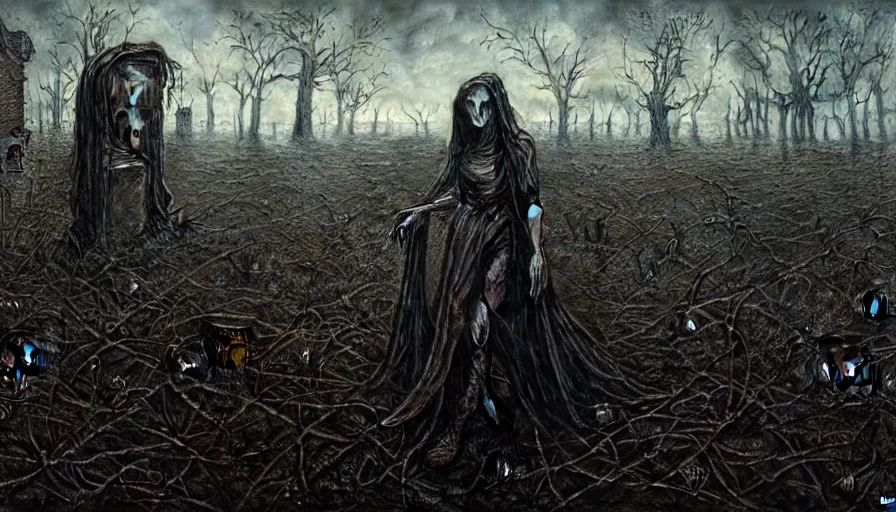 Prompt: a dark witch in the field, rotting, blood, night, death, fear, horror, religion, hyperrealism, detailed and intricate environment, by giger, by greg rutkowski