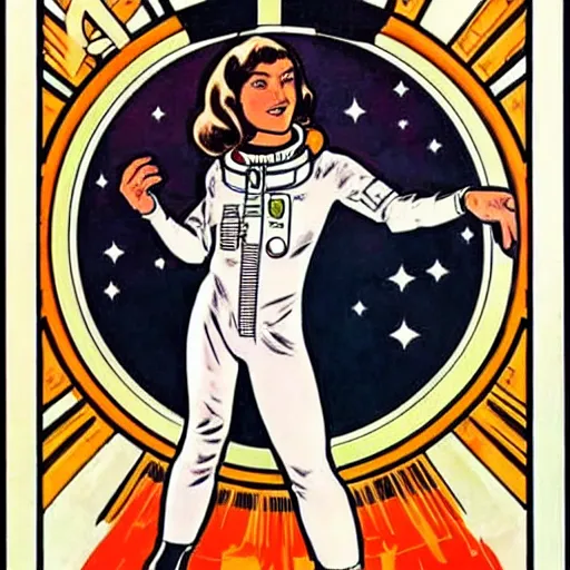 Image similar to a woman with straight brown hair, floating in space. she is an astronaut, wearing a space suit. well composed, clean elegant painting, beautiful detailed face. comic book art by steve ditko and jack kirby and ( alphonse mucha )