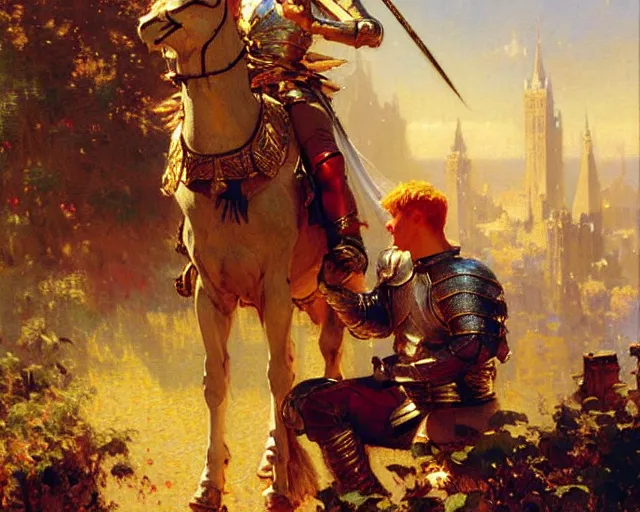 Image similar to arthur pendragon flirting wit his knight. highly detailed painting by gaston bussiere, craig mullins, j. c. leyendecker