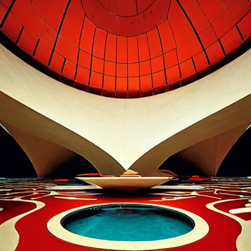 Image similar to interior of a futuristic lotus temple with gold, red and white marble panels, in the desert, by buckminster fuller and syd mead, intricate contemporary architecture, photo journalism, photography, cinematic, national geographic photoshoot