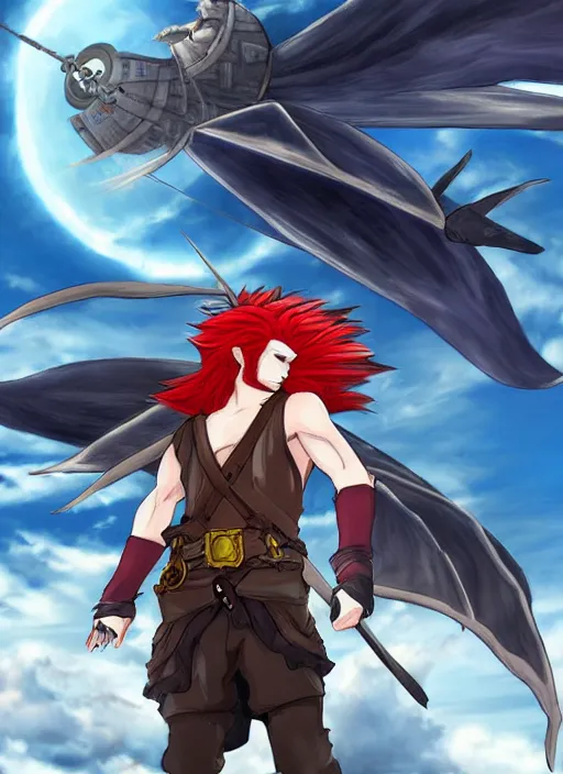 Image similar to An epic fantasy pokemon anime style portrait of a long haired, red headed male sky-pirate in front of an airship