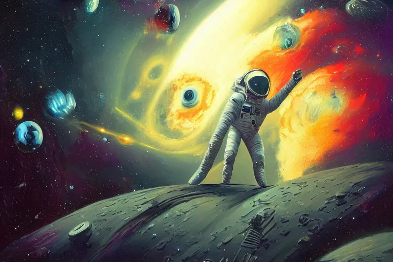 Image similar to digital painting of an astronaut in space, by paul lehr and vincent di fate, highly detailed, intricate, sharp focus, science fiction, galaxies, stars, supernova, black hole, galaxy, planet, void, artstation, cinematic lighting, trippy, retrofuturism