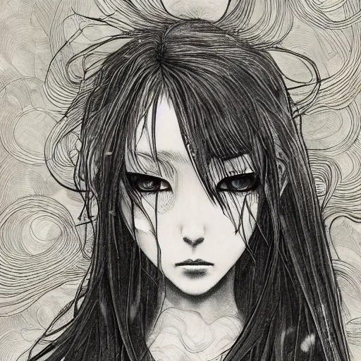 Prompt: yoshitaka amano blurred and dreamy realistic illustration of an anime girl with black eyes, wavy white hair fluttering in the wind and cracks on her face wearing elden ring armor with engraving, abstract black and white patterns in the background, noisy film grain effect, highly detailed, renaissance oil painting, weird portrait angle, three quarter view, head turned to the side