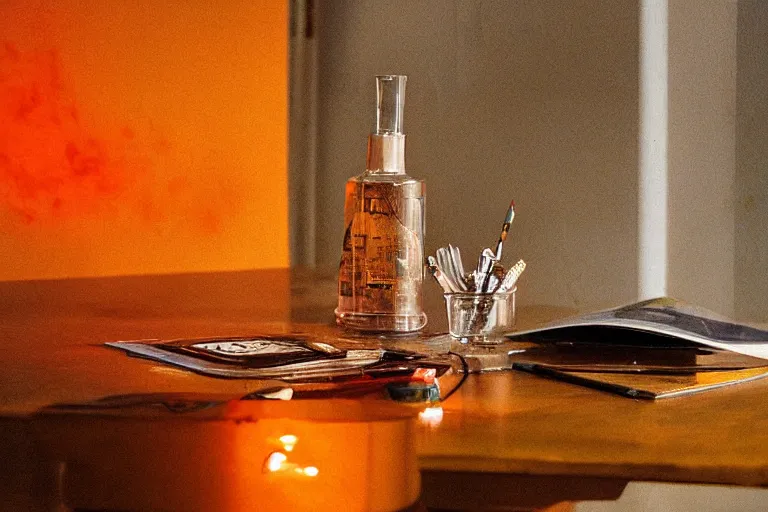 Image similar to office desk with a spilled glowing orange potion, 1 2 th century fantasy photograph