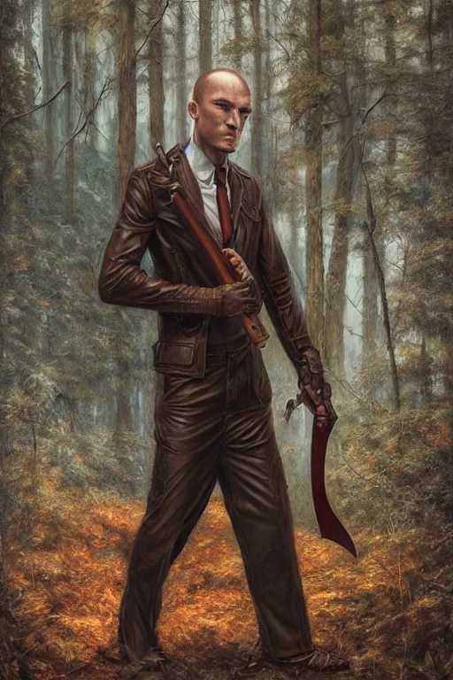 Image similar to a hitman named cobalt wearing a brown leather jacket and wielding a hatchet in the woods. art by tomasz alen kopera.