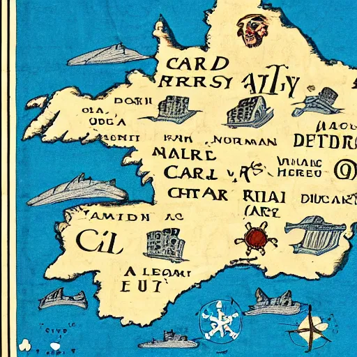 Prompt: an old pirate map of carl's jr.