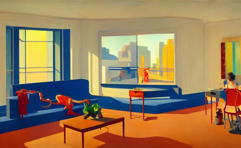 Image similar to Interior shot of contemporary museum with abstarct arts hanging on the wall, very coherent, painted by Edward Hopper, painted by James Gilleard, airbrush, art by JamesJean