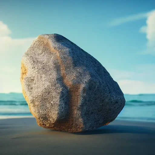 Image similar to a beautiful rock on the beach, octane render, nvidia raytracing demo, detailed, 8 k, masterpiece