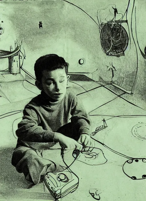 Prompt: a boy playing cdjs on a psychedelic space, by Salvador dali, da Vinci, real 3D, atmosphere, gesture drawn