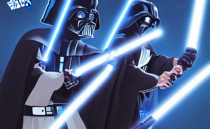 Image similar to An anime scene, Luke swings his blue lightsaber at Darth Vader, Darth Vader using the force, in the style of Madhouse Animations, digital art