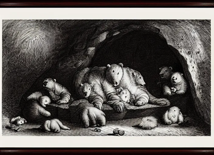 Image similar to Pieter Claesz's 'bear and her cubs sleeping in a dark cave', night time, cross hatching, framed