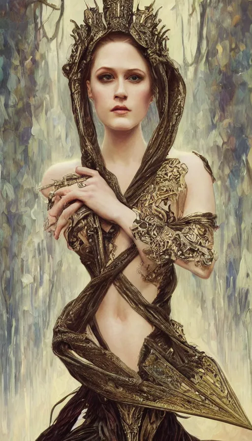 Image similar to a oil painting of a evan rachel wood queen, cute, fantasy, intricate, elegant, highly detailed, centered, digital painting, artstation, concept art, smooth, sharp focus, illustration, art by artgerm and h r giger and alphonse mucha