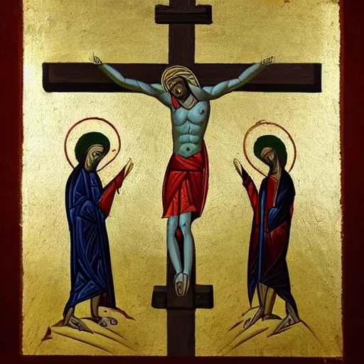 Image similar to crucified goat, orthodox icon style, occult symbols, byzantine art