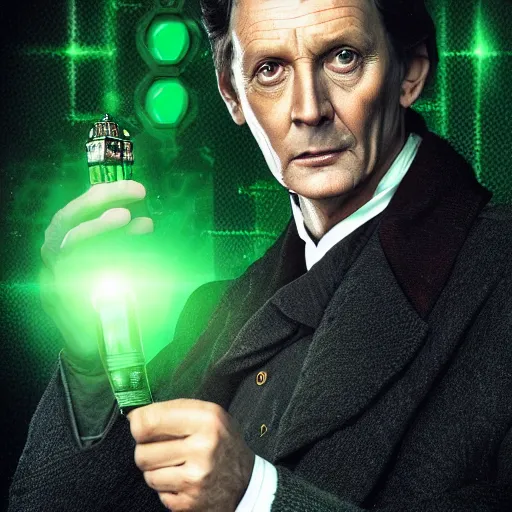 Image similar to Jeremy Brett as Sherlock Holmes as a powerful Warlock, with green energy emanating from his eyes, digital art 8k