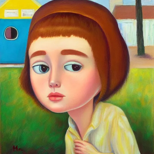 Prompt: orphan girl pondering a taco. oil on canvas painting by margaret keane.