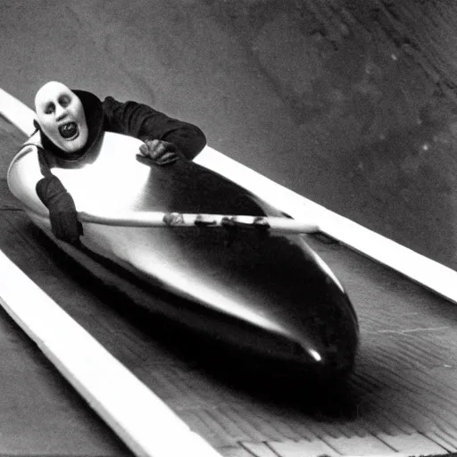 Image similar to portrait of nosferatu is doing bobsleigh alone, sport photography