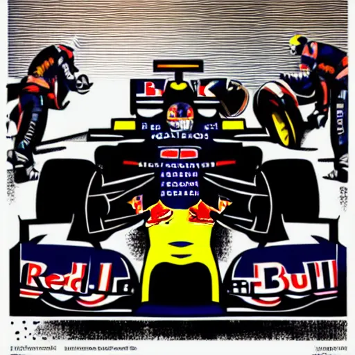 Image similar to illustration of red - bull - mechanic working, formula 1, paddock, style by kienan lafferty knkl