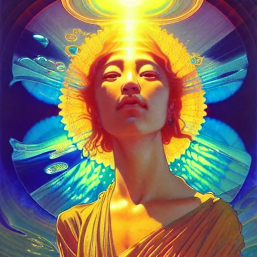 Prompt: transcendent bodhisattva, psychedelic indigo honey flowing like kaleidoscopic translucent amber, lsd waves, honey ripples, enlightenment, dramatic professional lighting, refracted sunset lighting, highly detailed, concept art, art by collier, albert aublet, krenz cushart, artem demura, alphonse mucha